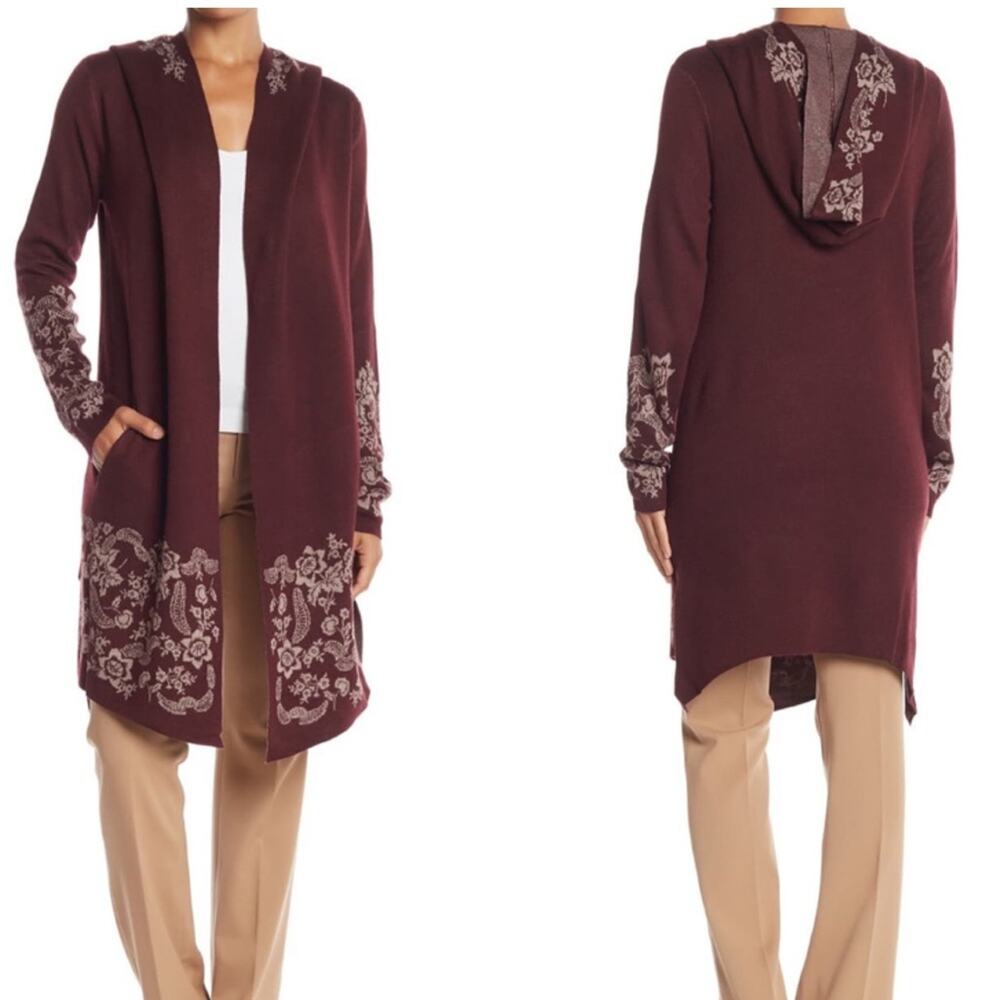 Vertigo Floral Knit Open Front Hooded Cardigan Lg